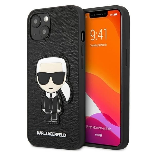 Karl Lagerfeld KLHCP13SOKPK iPhone 13 mini 5,4" čierny/čierny pevný obal Saffiano Ikonik Karl`s Patch